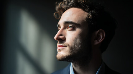 Young executive in navy blazer exudes confidence, professionalism in headshot. Modern leadership poised for success.