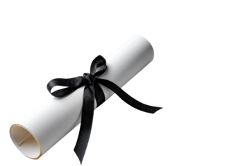 Rolled-up white diploma tied with a black ribbon, isolated on black background. Elegant and minimalistic representation of graduation or academic achievement