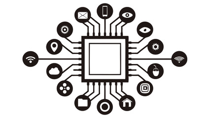 Central processing unit connected to various icons representing different functionalities and applications