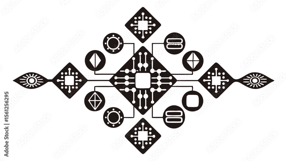 Poster symmetrical design featuring interconnected geometric shapes and central processor motif in black an