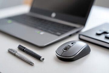 Minimalistic workspace with left-handed mouse and tools, 