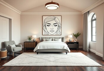 A serene and elegant bedroom with a large line art painting of a face on the wall