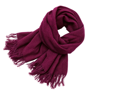Stylish purple wool scarf with fringe, isolated on transparent background. Ideal for fashion, winter clothing, textile, or accessory-themed designs