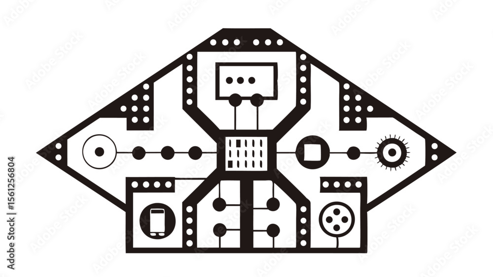 Poster abstract schematic diagram with geometric shapes and connecting lines in black and white design styl