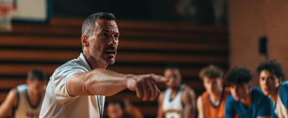 The coach demonstrating leadership during a basketball training session with youth players.