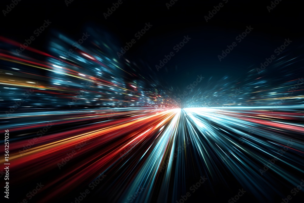 Poster abstract background with colorful, glowing light streaks and lines moving rapidly in perspective, re