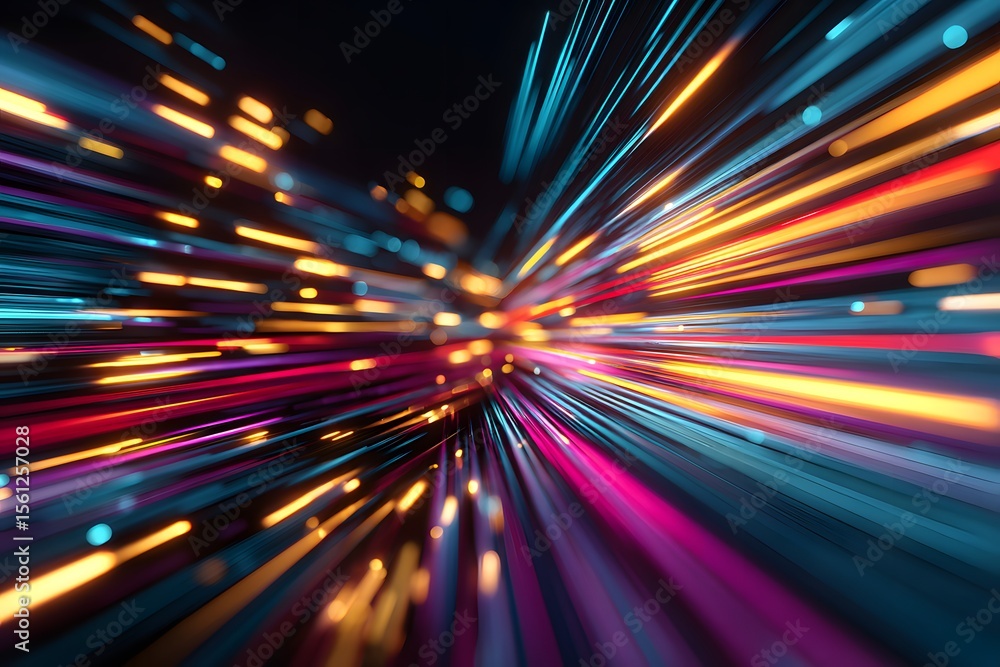 Poster abstract background with colorful, glowing light streaks and lines moving rapidly in perspective, re