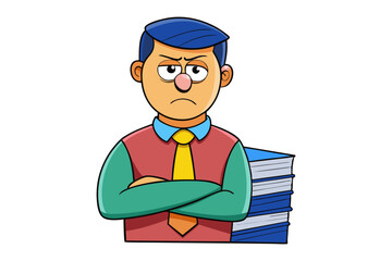 Frustrated businessman with arms crossed and stack of blue books expressing displeasure and overwhelm