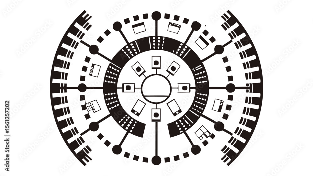Poster circular design with radiating lines and geometric shapes in a concentric arrangement pattern style