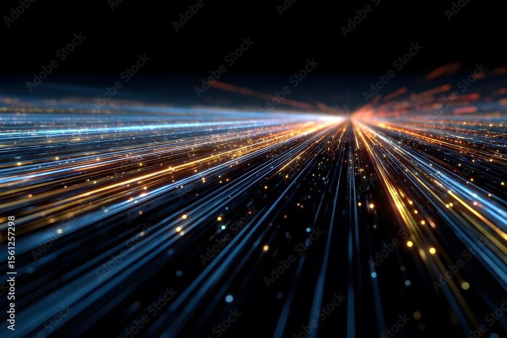 Poster abstract background with colorful, glowing light streaks and lines moving rapidly in perspective, re