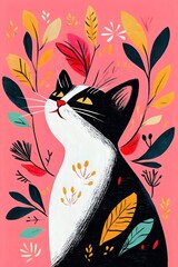 Whimsical Black and White Cat Illustration on Pink Background with Floral Design and Colorful Leaves - Modern Vector Art for Cat Lover Gifts and Home Decor