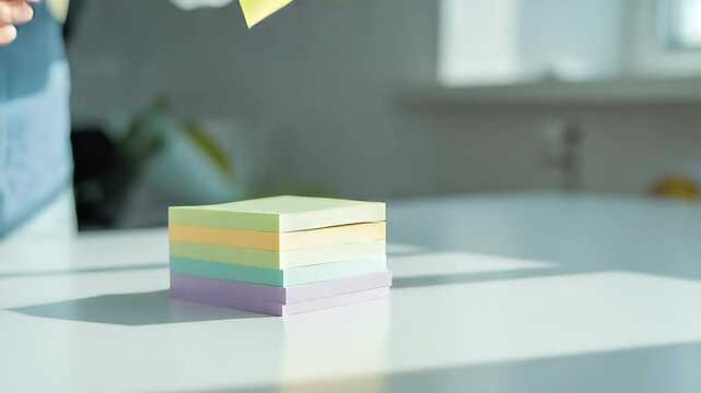 Person Picking Sticky Note from Stack in Bright Workspace