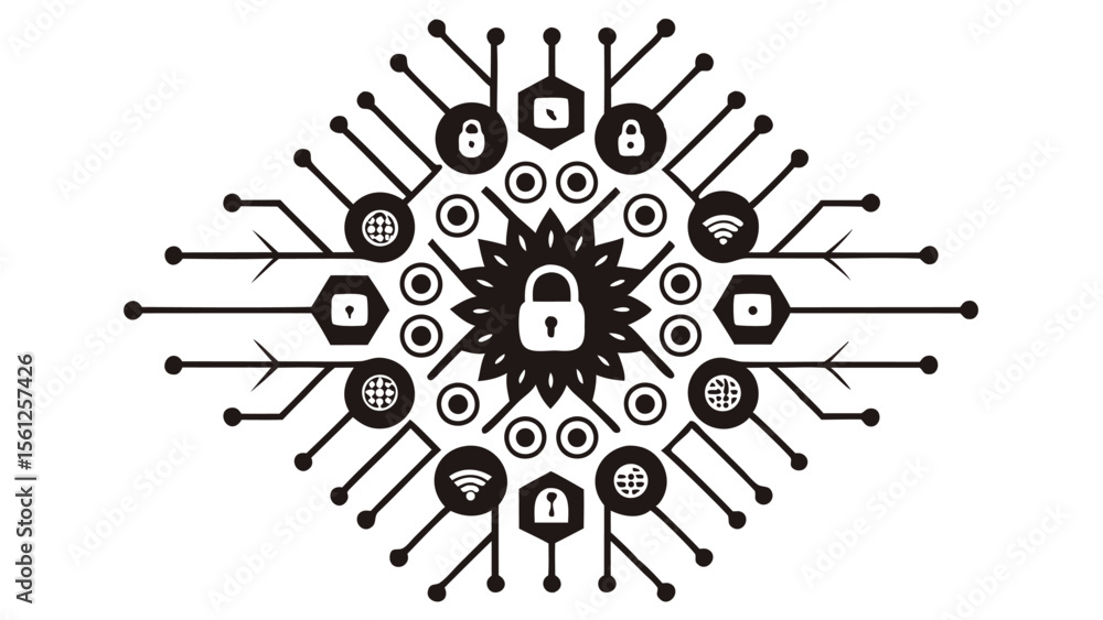 Poster abstract network security design with central padlock surrounded by internet and wifi icons and conn