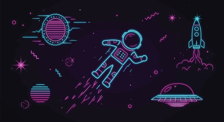 Fototapeta premium Astronaut floats in space, surrounded by a retro-futuristic neon design featuring a rocket, UFO, and planets.