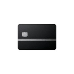 Fototapeta premium Sleek black credit card with a metallic stripe shines against a stark black backdrop, ideal for financial services marketing, transparent background