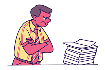 Frustrated businessman with arms crossed stares angrily at a large stack of papers on his desk symbolizing workload stress