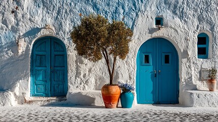 Charming greek island scene with blue doors and olive tree