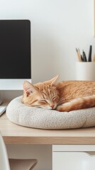 Minimal home workspace with pet bed under desk