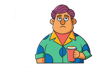 A cartoon man with purple hair and a bored expression holds a red coffee cup while wearing a colorful abstract patterned shirt