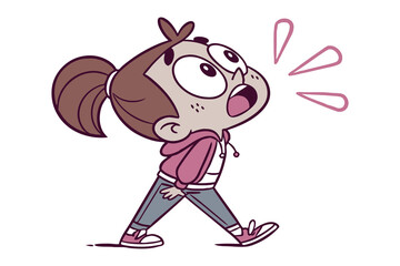Surprised girl in cartoon image: A cartoon illustration of a young girl with a surprised expression, walking forward and looking up with wide eyes, exuding a sense of awe and disbelief.