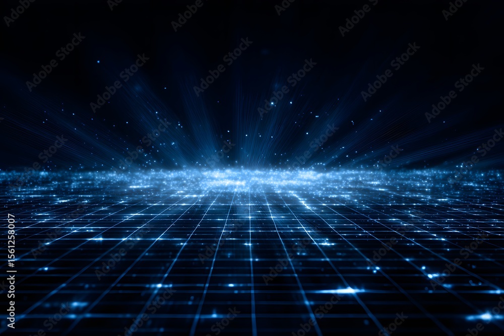 Aufkleber abstract blue digital grid background with glowing light rays and mesh. digital technology concept f
