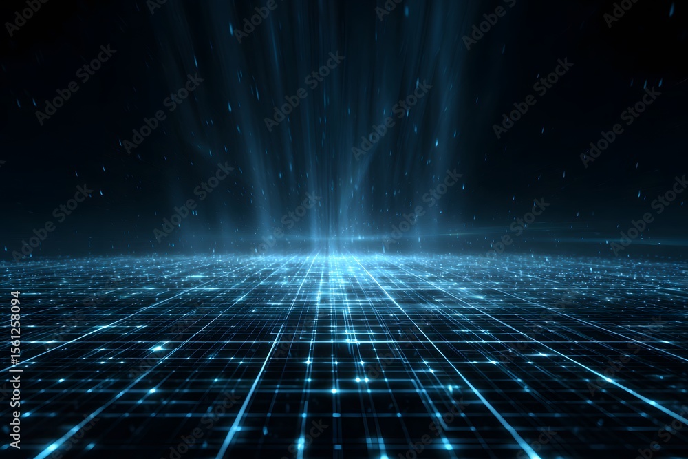 Poster abstract blue digital grid background with glowing light rays and mesh. digital technology concept f