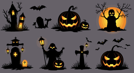 set of silhouette halloween icons