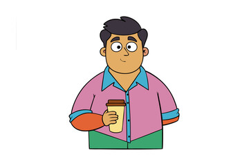 A cheerful cartoon man with dark hair wearing a pink shirt and green pants holds a coffee cup