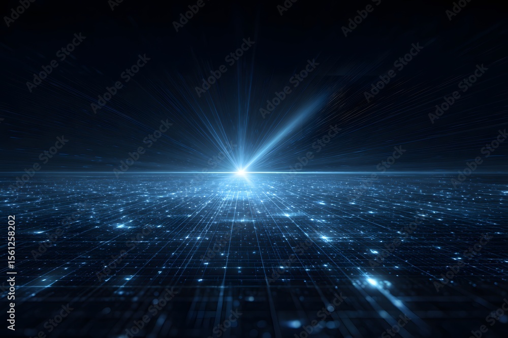 Poster abstract blue digital grid background with glowing light rays and mesh. digital technology concept f
