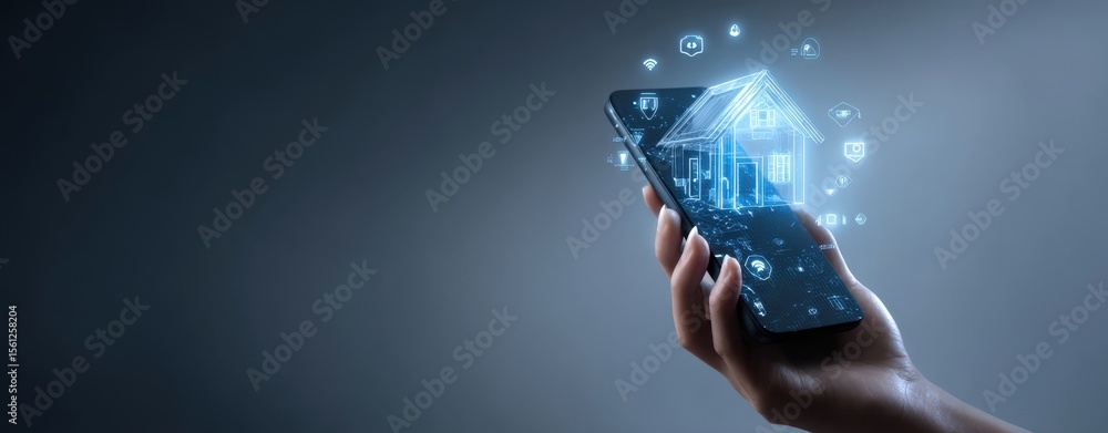 Poster the smartphone displaying a digital blueprint of a smart home concept.