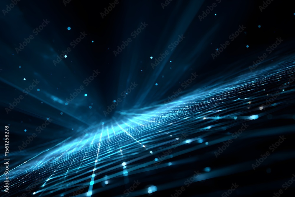 Poster abstract blue digital grid background with glowing light rays and mesh. digital technology concept f