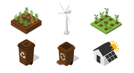 Isometric illustration showcasing sustainable living with a vegetable garden, wind turbine, solar panels, and recycling bins.