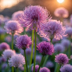 sunset shining across purple field of blooming allium flowers during warm spring floral golden hour floral botanical wallpaper background