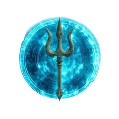 Mystical Trident in Glowing Blue Circle - Ancient Artifact, Fantasy Weapon