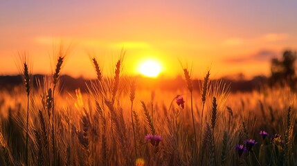 Fototapeta premium Sunset over wheat fields nature scene landscape photography rural environment warm glow tranquil atmosphere