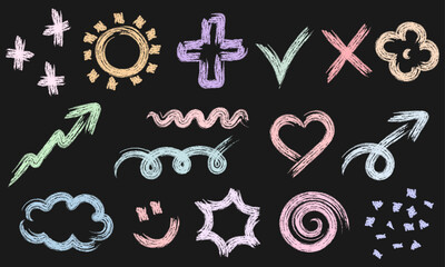Pastel Color Doodles, Scribbles Elements Drawn with Crayon, Grunge, Charcoal, Hand Drawn Shapes with Chalk Texture, Pencil, Marker, Vector Set Sketches, Isolated