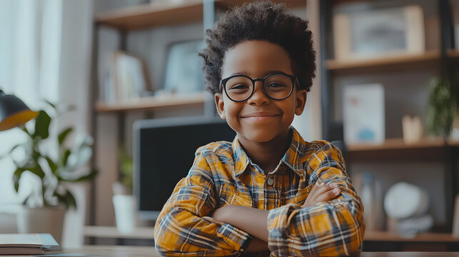 Smiling african american child school boy doing homework while sitting at desk at home