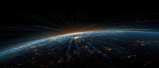 The Earth illuminated by digital connections and cosmic energy streams.