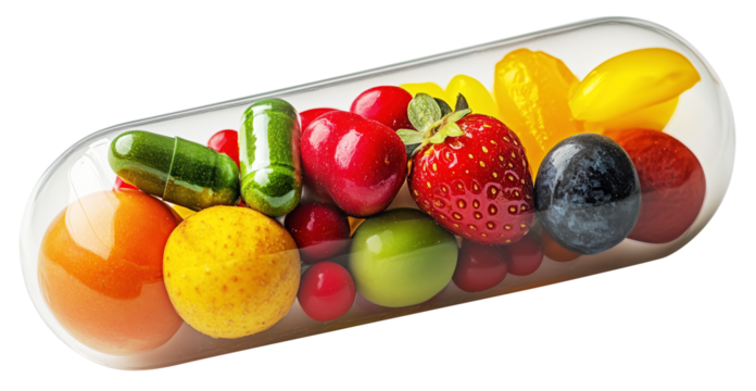 Transparent capsule filled with colorful miniature fruits and vegetables symbolizes health and nutrition., isolated