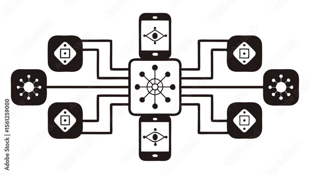 Aufkleber black and white network diagram featuring connected devices and a central processing unit design