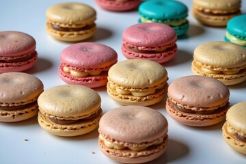 Close-up Still Life of Exquisite, Colorful Macarons Neatly Arranged in Rows on a Clean White Background, Showcasing Dessert Delicacy and Allure