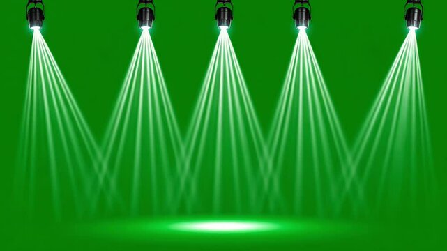 DJ stage lights, spotlights, and light beams on a green screen background 
