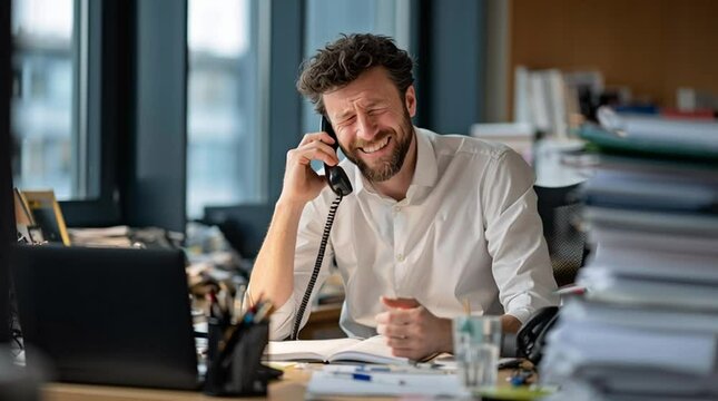 The Cheerful Phone Call: A businessman with a relaxed smile at his office, leaning back while speaking on the phone, creating sense of an enjoyable conversation and stress free environment.