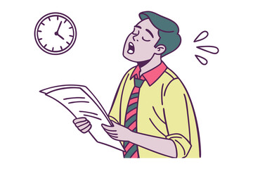 Man stressed about deadline while reading documents with sweat drops indicating pressure and a clock showing passing time