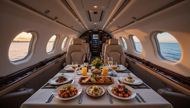 Luxurious private jet dining experience at sunset over the ocean — gourmet meals and fine drinks served in-flight, blending elegance, exclusivity, and breathtaking views