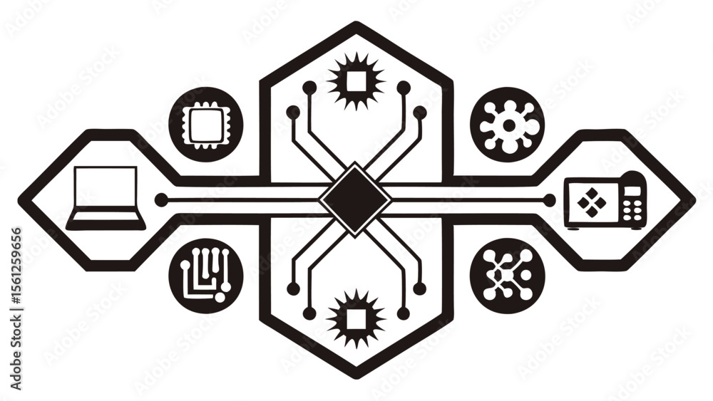 Poster black and white technology icons arranged in a symmetrical design with central hexagon shape element