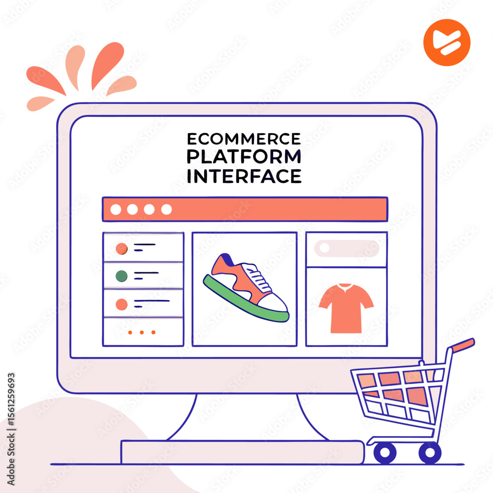Poster illustration of an ecommerce platform interface with a computer monitor displaying a shopping cart a