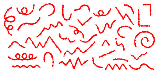 赤色の波線や曲線の細い線のセット
