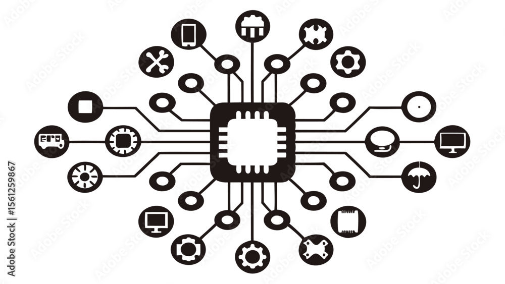 Poster illustration of a central processing unit connected to various technology icons around it