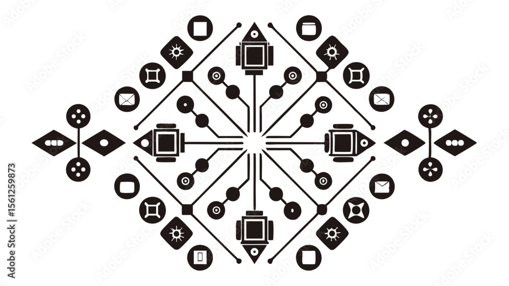 Poster geometric pattern with square and diamond shapes connected by lines and circles design art style pat